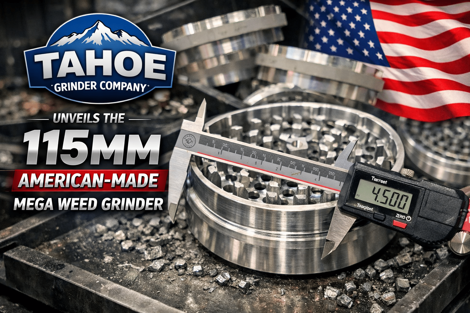 115mm 4.5 inch largest weed grinder measured with digital caliper inside Tahoe Grinder Company American CNC manufacturing facility