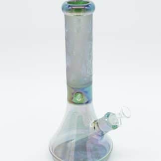 Thick Borosilicate Glass Beaker Bong with Ice Catcher, 6-Slit Downstem & Iridescent Ocean Design