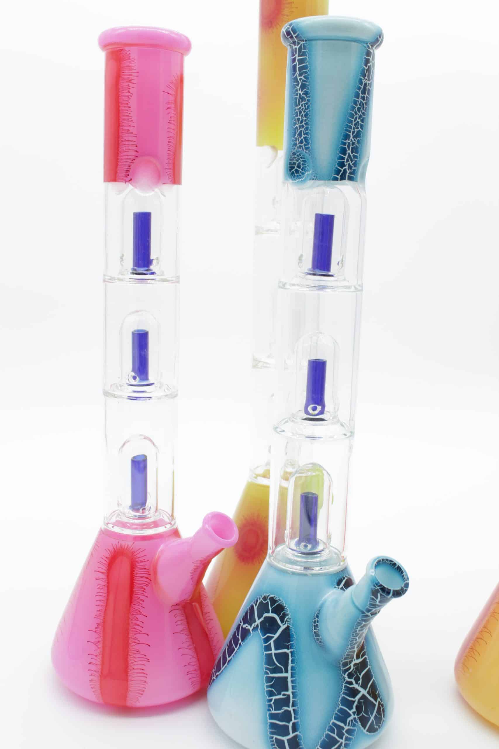 Triple Dome Percolator Beaker Bong – Crackle Glass Design with Fixed Downstem Bowl - Image 20
