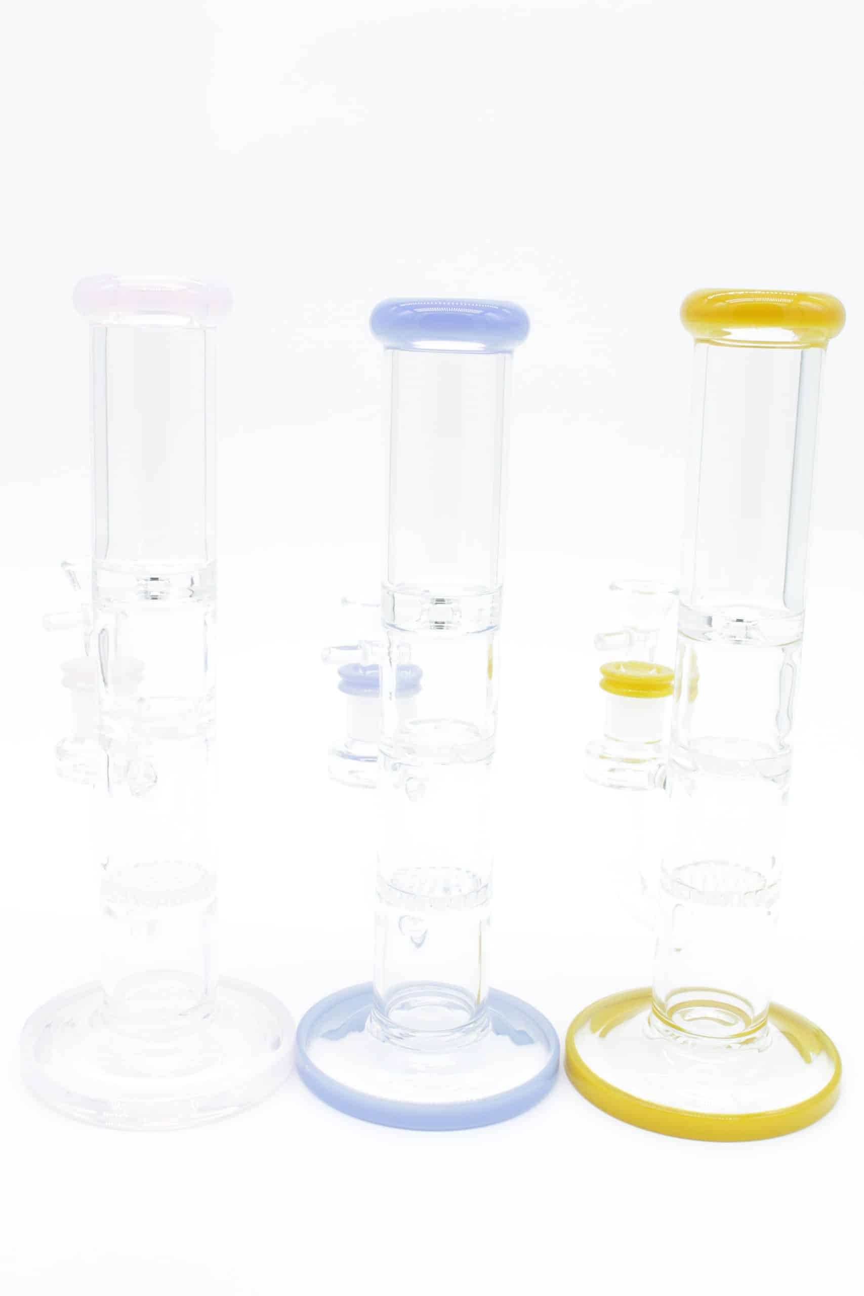 Straight Tube 3 Section Percolator Water Pipe – 10 Inch Colored Trim Glass Bong - Image 22