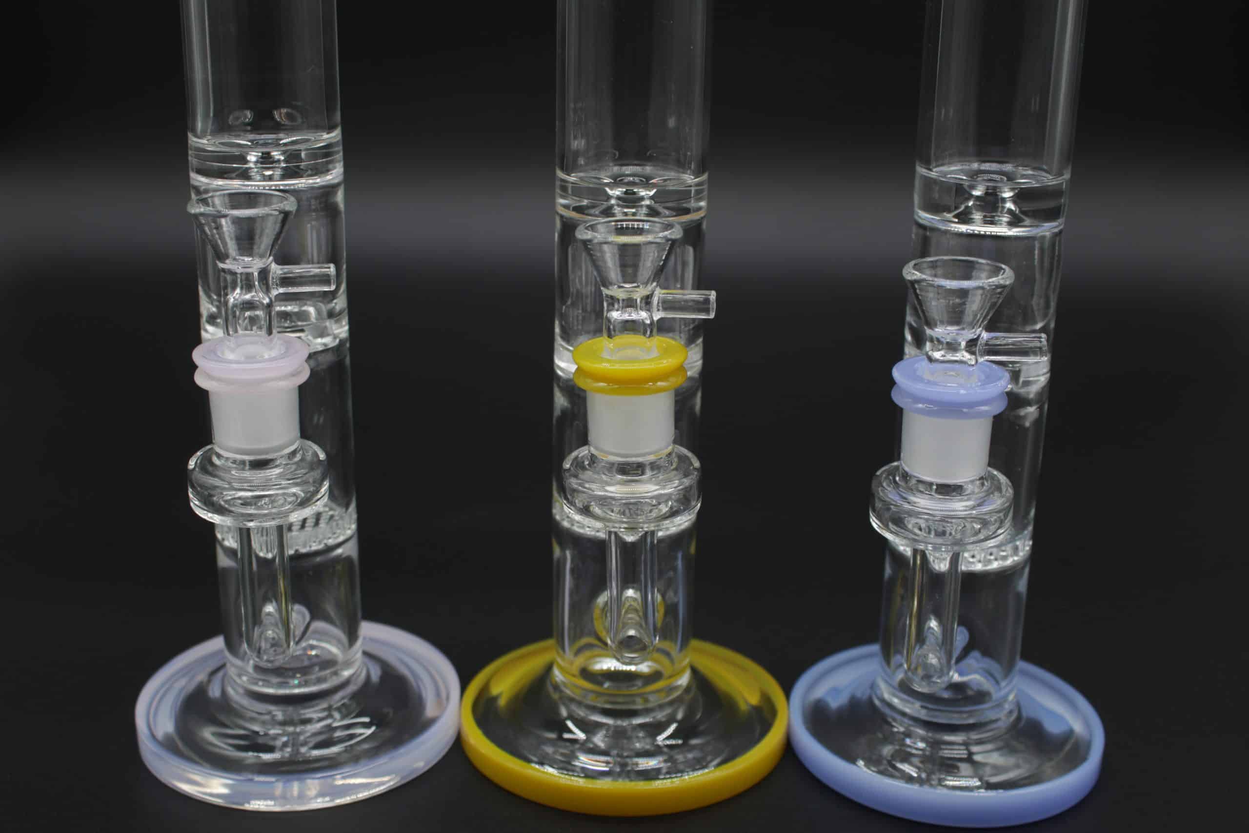 Straight Tube 3 Section Percolator Water Pipe – 10 Inch Colored Trim Glass Bong - Image 3