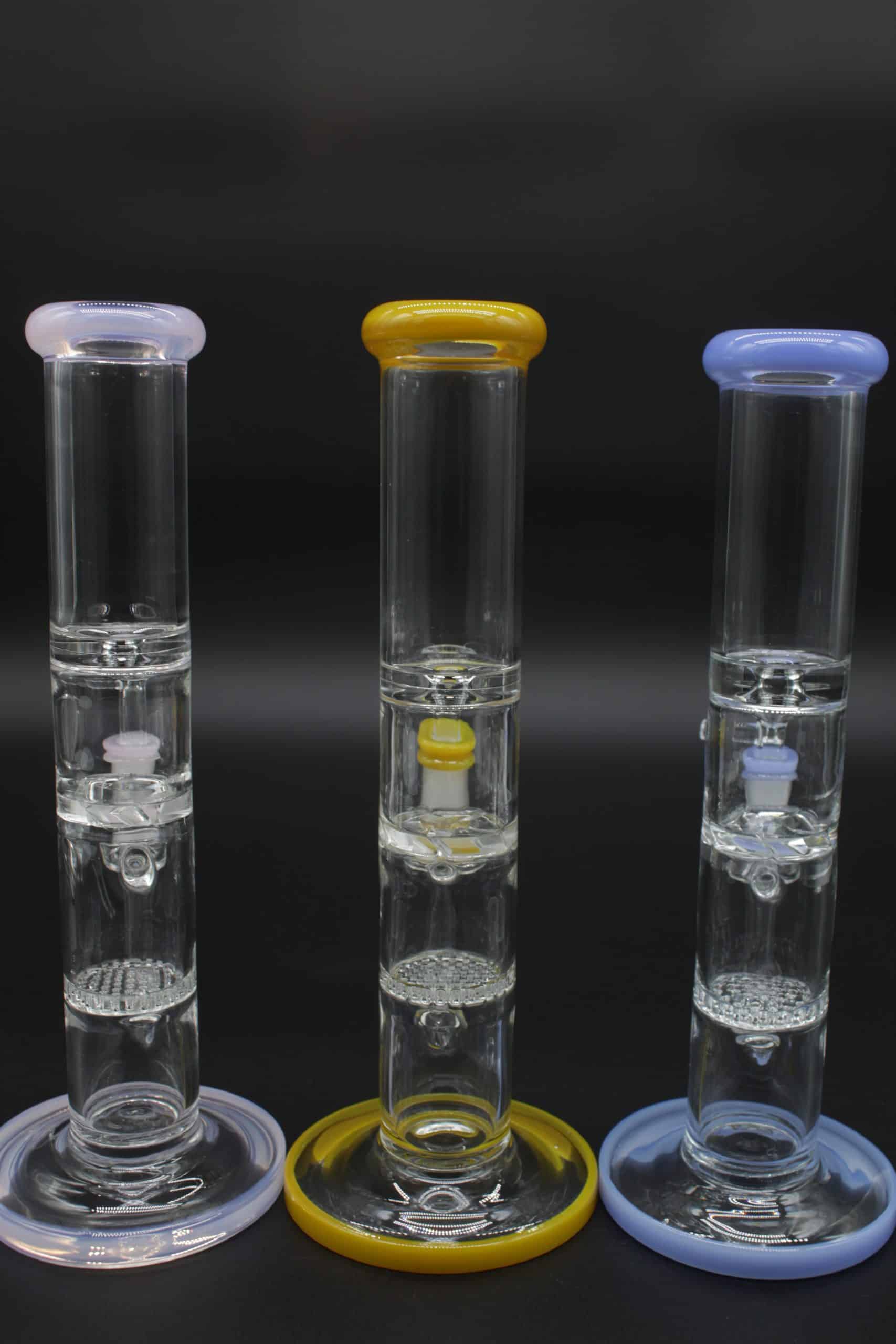 Straight Tube 3 Section Percolator Water Pipe – 10 Inch Colored Trim Glass Bong - Image 2