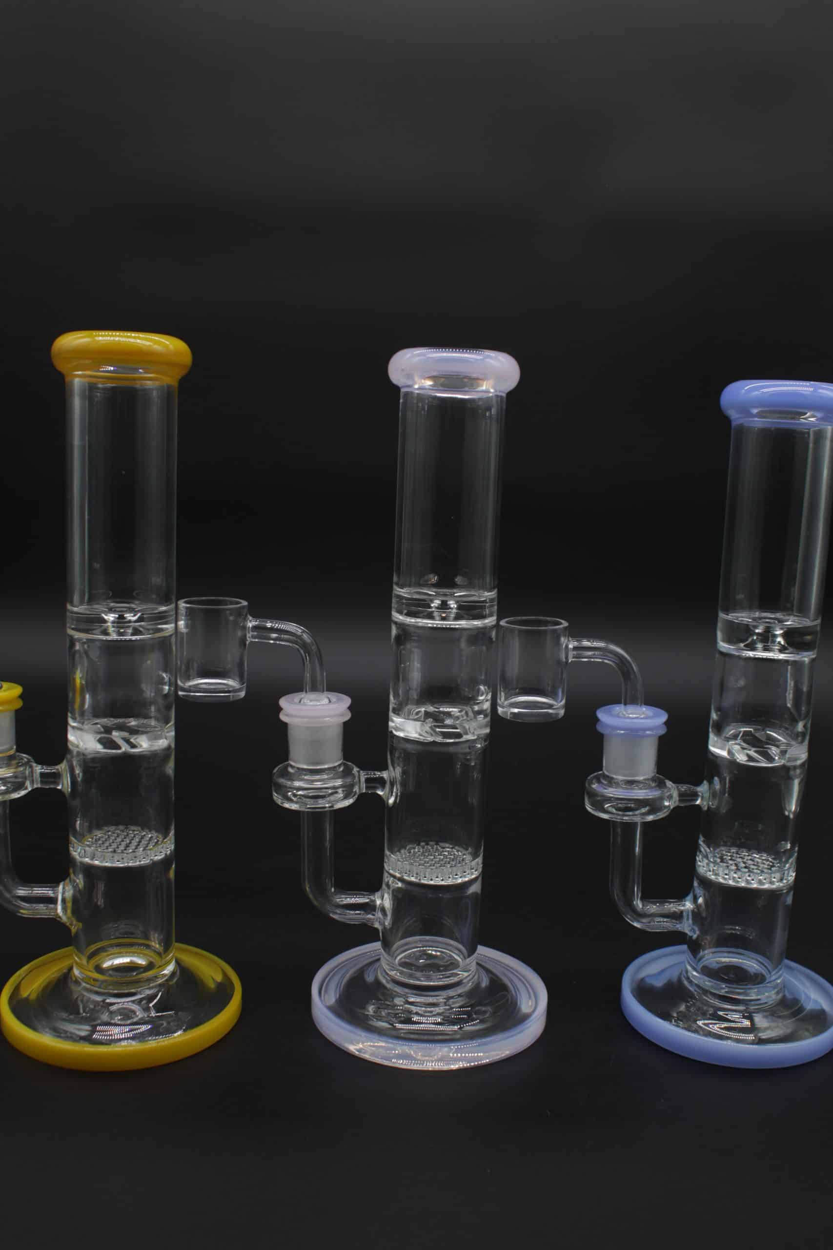 Straight Tube 3 Section Percolator Dab Rig – 10 Inch Colored Trim Quartz Banger Rig - Image 5
