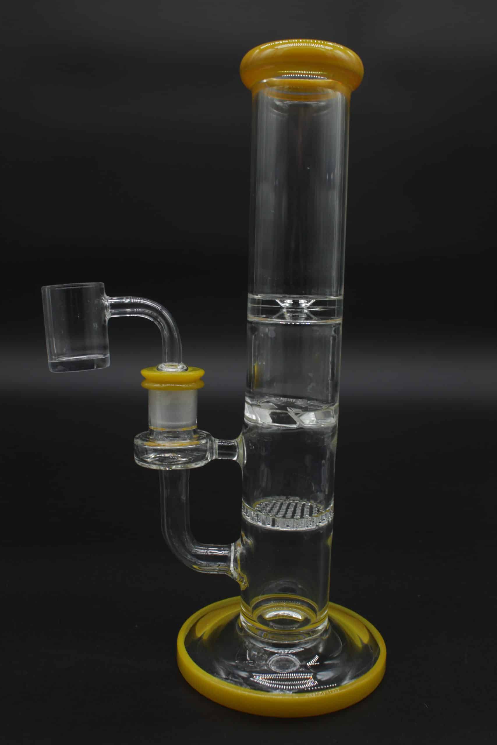 Straight Tube 3 Section Percolator Dab Rig – 10 Inch Colored Trim Quartz Banger Rig - Image 6